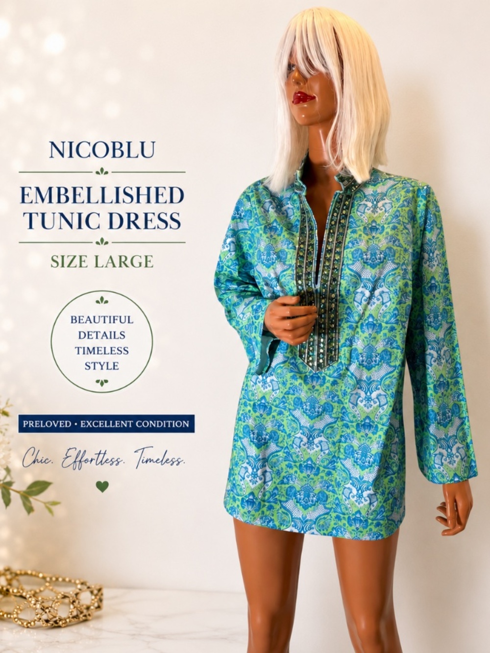 Beaded V-Neck Tunic in Blue-Green Floral